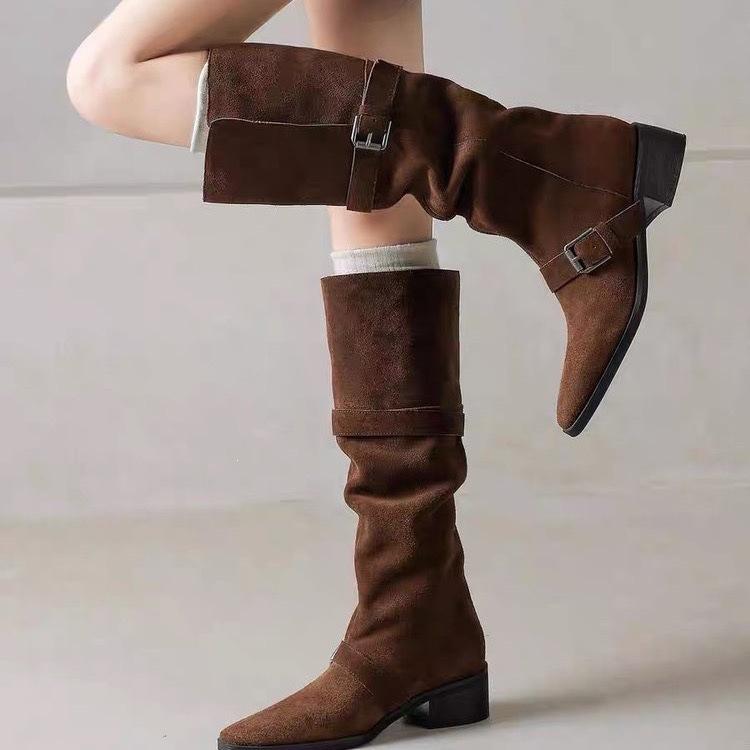 Boots women's boots knight long tube square head belt buckle can be turned thick heel western autumn and winter retro new fold