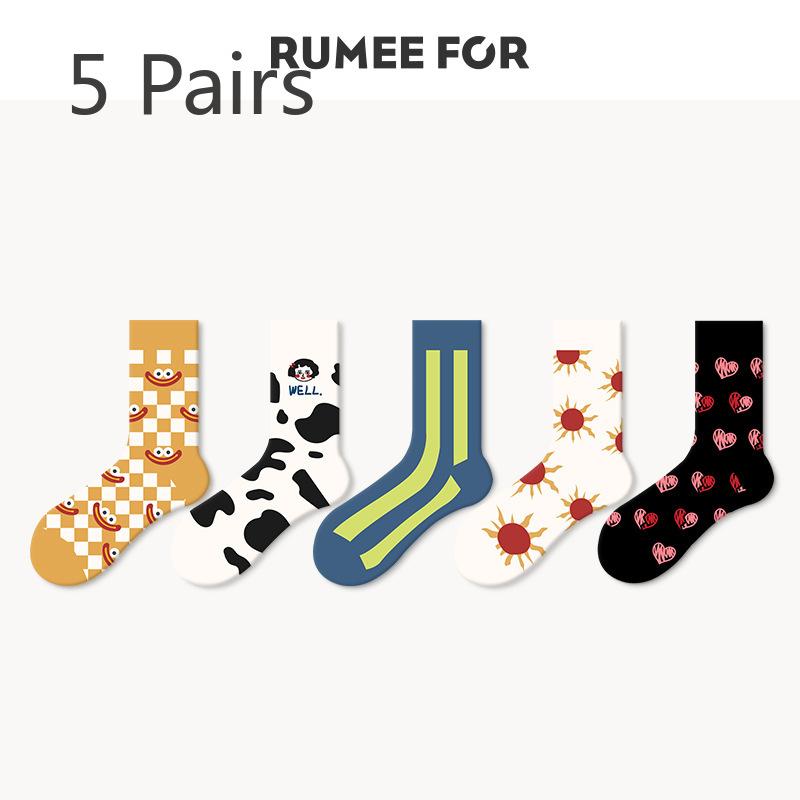 5 Pairs of Female Spring and Summer Trend Cartoon Tube Socks