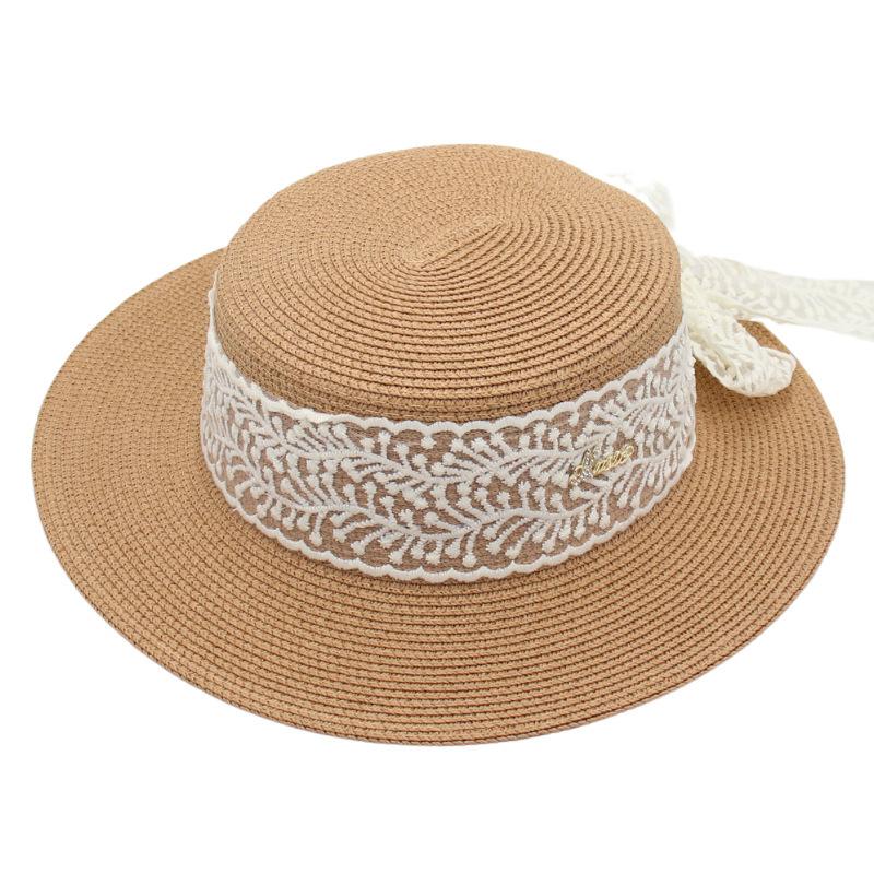 Temperament Straw Hat Female Bow Model Sun Protection Sun Hat Flat Top Hawaiian Lace Beach Hat Street Shot