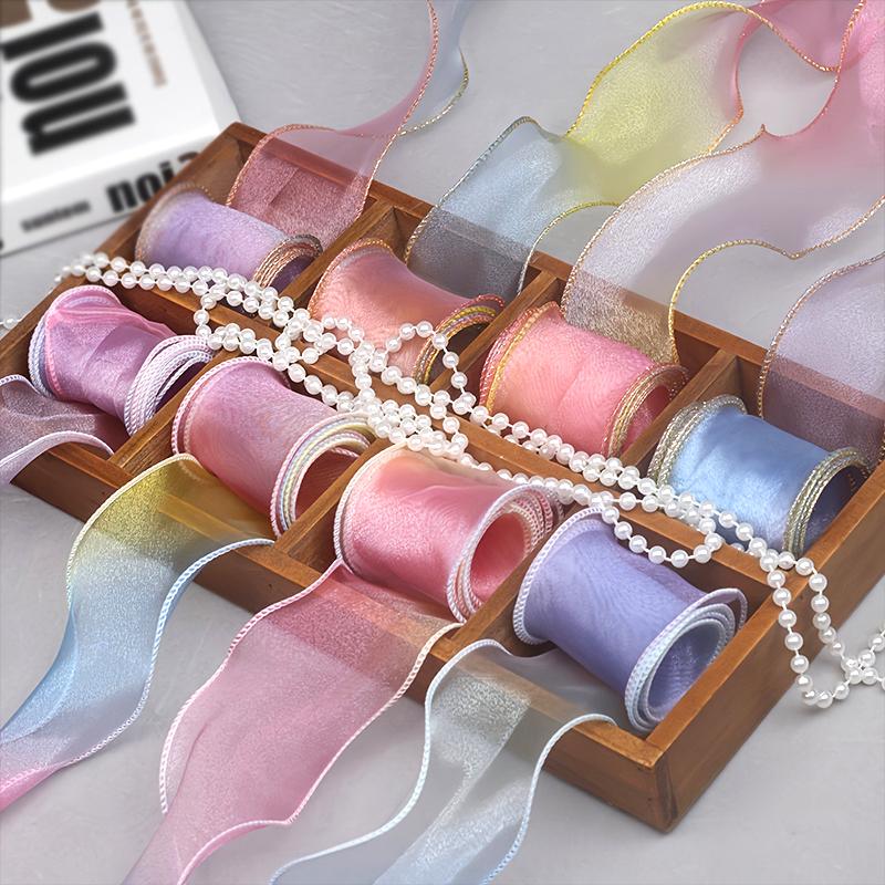 4cm X 10Yards/Roll Wrapping Ribbon Bouquet Packaging Sewing Accessories Party Colorful Gradient Hair Accessory Making Multi-Color