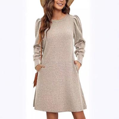 Fashion Women's Knitted Puffed Long-sleeved Autumn/winter Round Neck Casual Tunic Dress