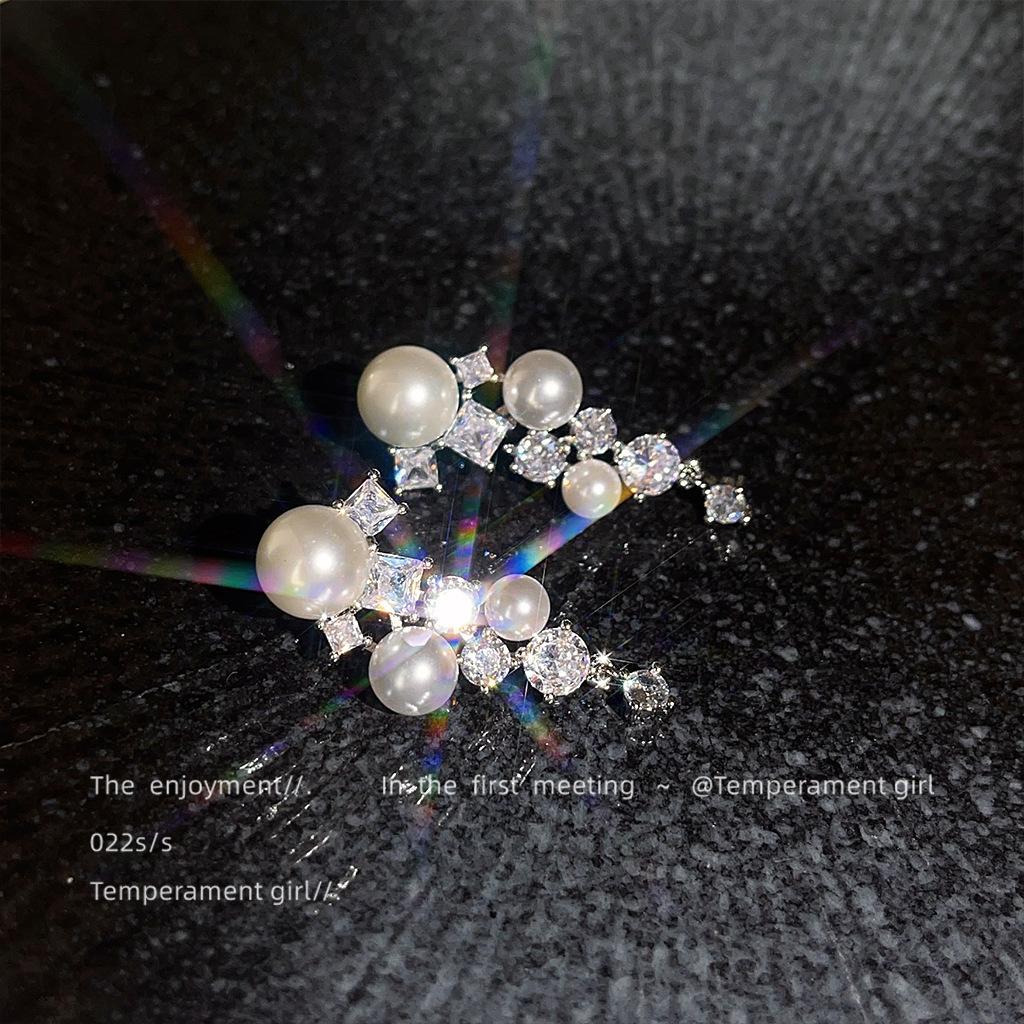 Starry | Real super flash size pearl tassel zircon earrings light luxury heavy industry temperament earrings
