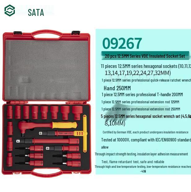 SATA 10/12.5MM VDE Insulated Socket Set for Electricians - Repair Tools #09267 #09268