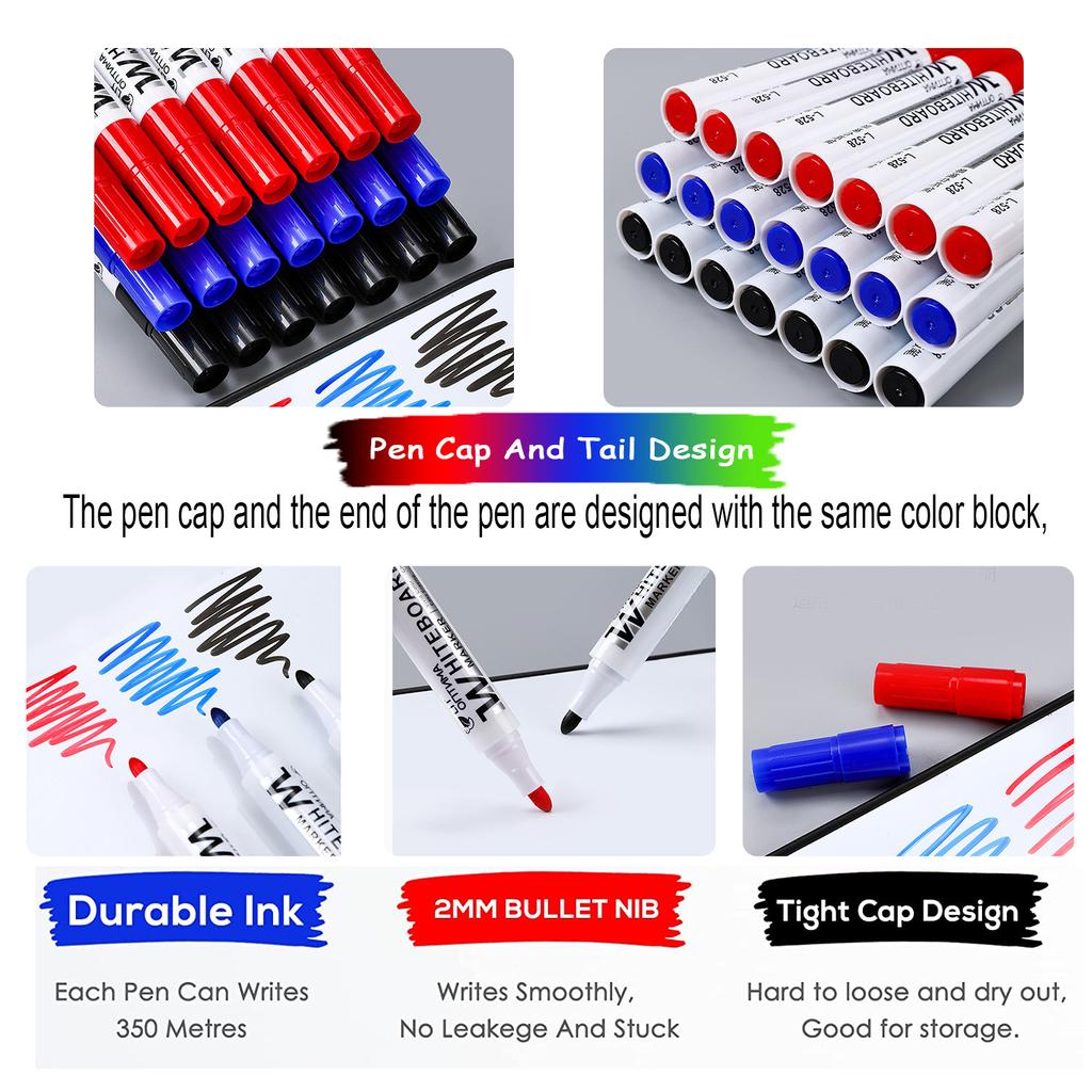 Dry Erase Whiteboard Markers 2.0mm Fine Tip, Low Odor Non-Toxic Washable Pens for Kids Classroom Office, Bulk Erasable Markers Set
