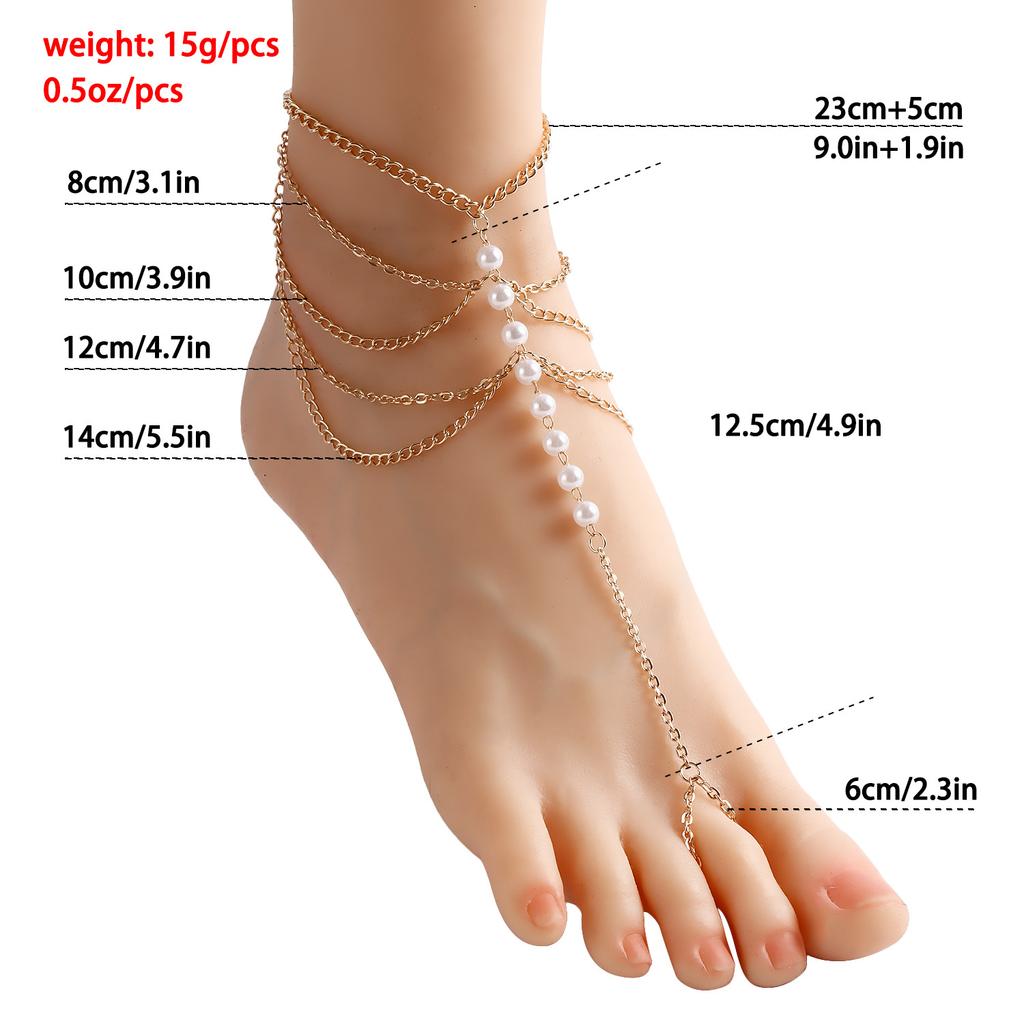 European and American popular jewelry, resort beach multi-layer metal chain foot decoration, fringed imitation pearl beaded finger anklet