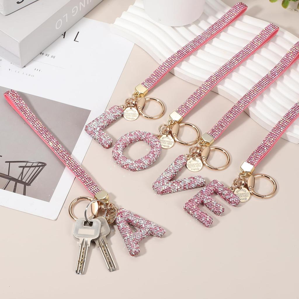 uxcell Women's Initial Letter B Keychain with Heart Rhinestones, Decorative BagCar Key Accessory, Pink