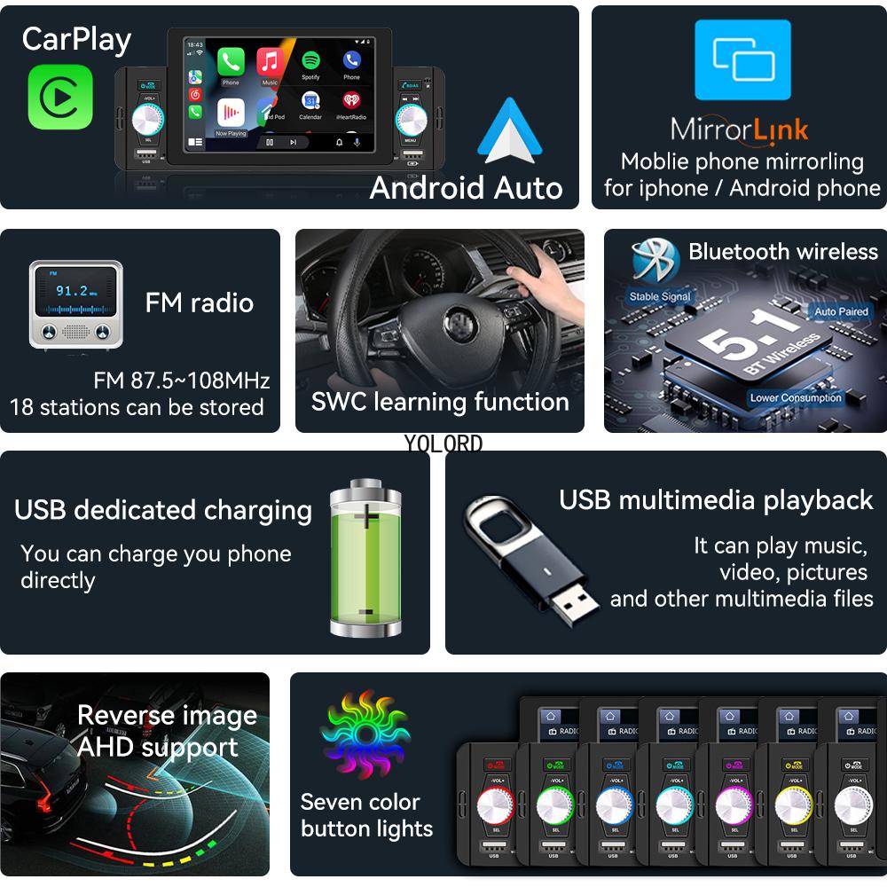Car Radio 1Din MP5 Player Autoradio Stereo 5 Inch IPS Screen Carplay Mirror Link Bluetooth Universal Multimedia Player