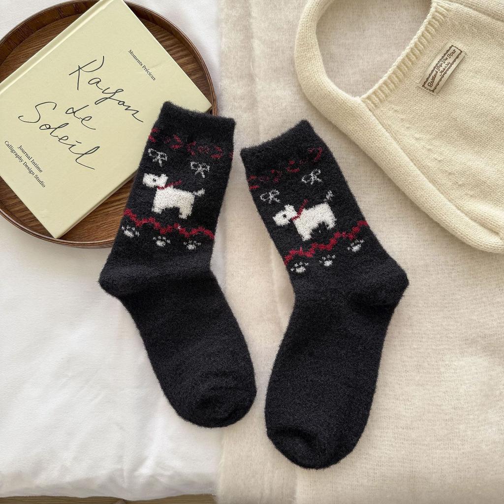 Ladies Autumn and Winter Warm Plus Thick Retro Cute Puppy Tube Pile Socks