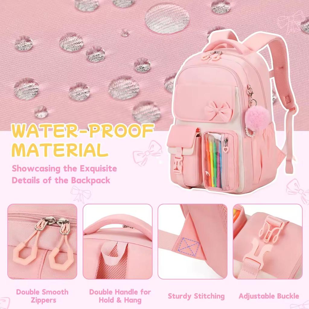 3pecs/set Elementary Bow School Bags Large Capacity Cute Backpack for Junior High School Girls with Pencil Case Lunch Box Set