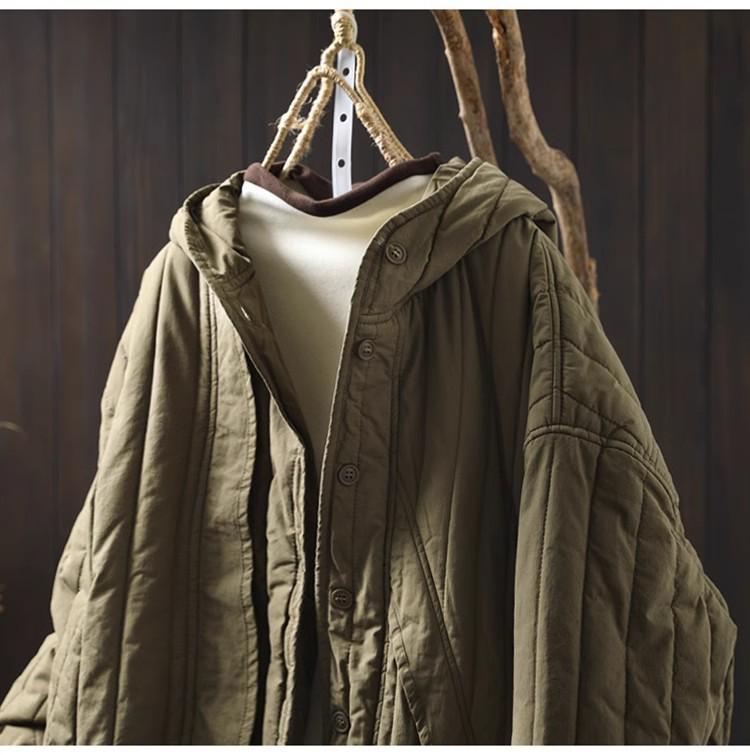 Women's Retro Winter Quilted Cotton Jacket with Hood, Vertical Stripes, Loose Fit, Petite Size, Warm & Thick Design