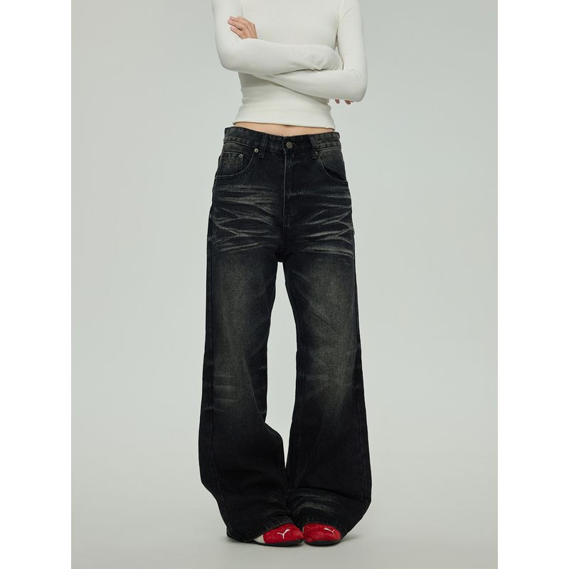 Black of Exit American Trendy Brand Scimitar Pants Loose Casual Wide-Leg Washed Distressed High Street Jeans for Men