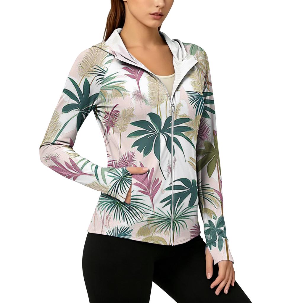 Women’s Zip Up Hooded Sun Jacket with Pockets Long Sleeve Lightweight Outerwear Tropical Print Design