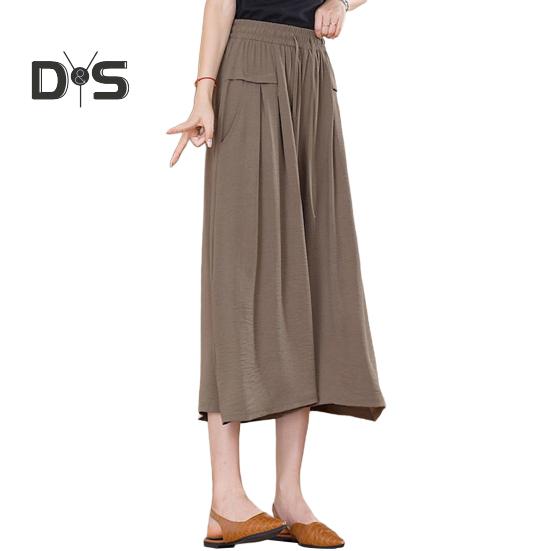 Pantaloni tăiați pentru femei, de culoare uni, cu talie elastică, pantaloni ocazionali, cu buzunare, pantaloni largi, îmbrăcăminte zilnică