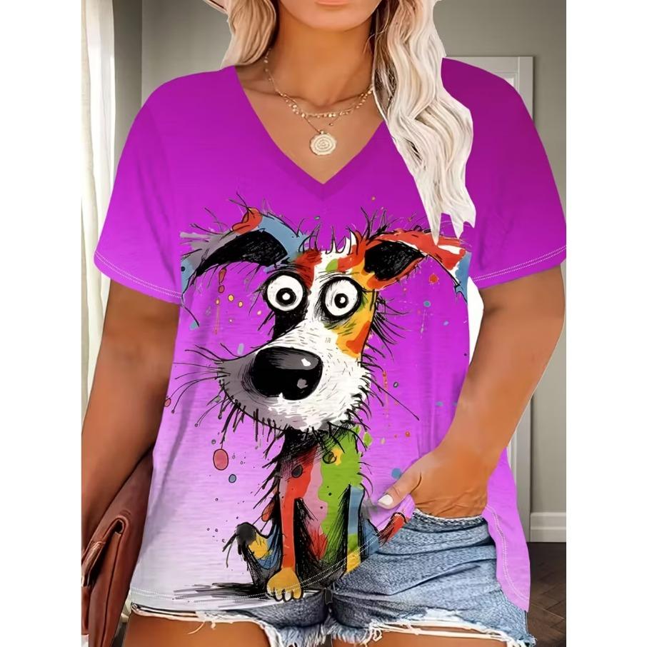 XL-7XL Plus Size Women's Men Animal Dog Casual 3D Print Loose V Neck Short Sleeved T-shirt Top