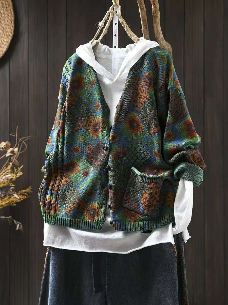 

Johnature Vintage Женские принты Цветочные пуговицы Весна V-образный вырез Длинный рукав трикотажные пальто One Size зелёный