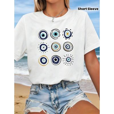 Türkisches Blaues Auge Grafikdruck Übergröße Damen T-Shirt, Kurzarm Rundhals Lässiges Oberteil für Sommer & Frühling, Damenbekleidung