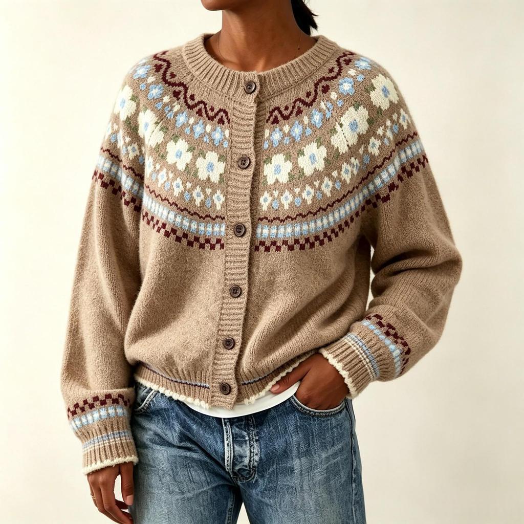 Women's 2026 Autumn/Winter Jacquard Knit Round Neck Snowflake Cardigan Sweater with Horn Buttons