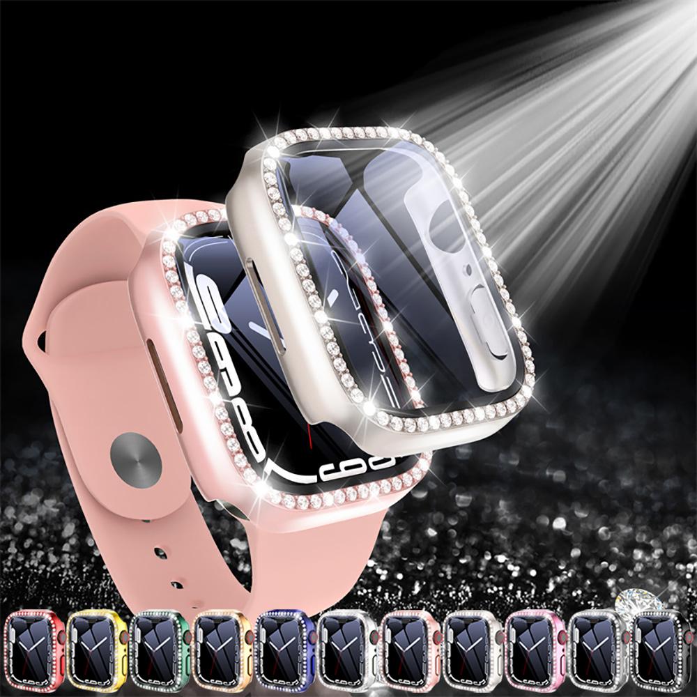 Protezione Schermo Glitterata con Diamanti per Apple Watch 45 41 40 44mm 42mm 38mm con Custodia in Vetro Temperato iWatch Serie 9 8 7 6 SE 5 4 3