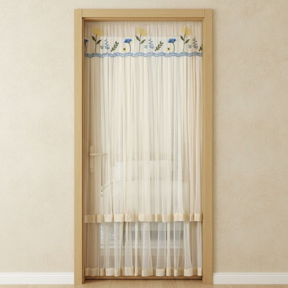 Punching Free Lace Embroidered Door Curtain Breathable Mesh Door Drapes Summer