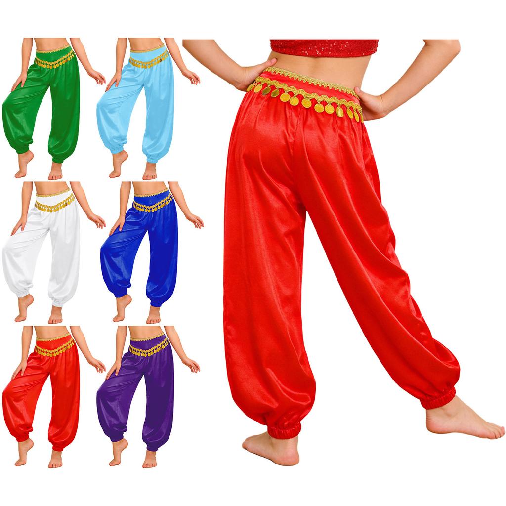 Kids Girls Belly Dance Bloomers Braid Trim Sequin Tassels Loose Pants Side Invisible Zipper for Halloween Theme Party Stage Performance