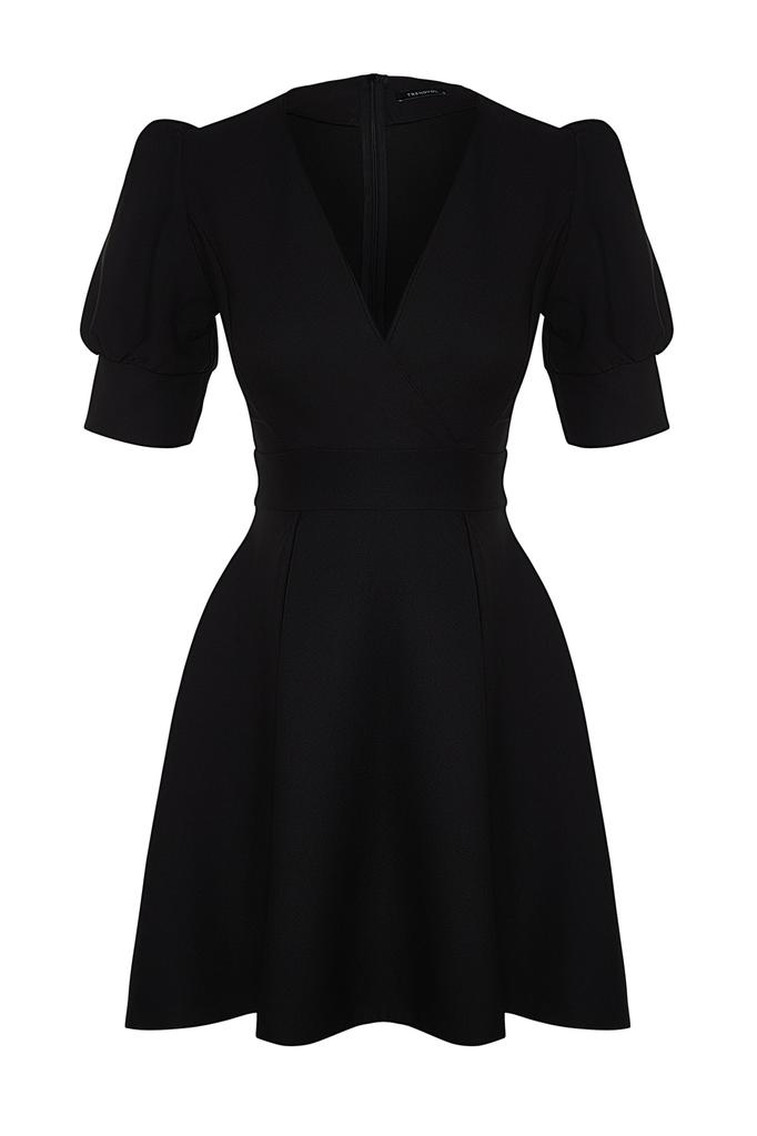 Women's Style Dress Black Double Breasted Neck Skater Mini Woven Dress with Opening Waist