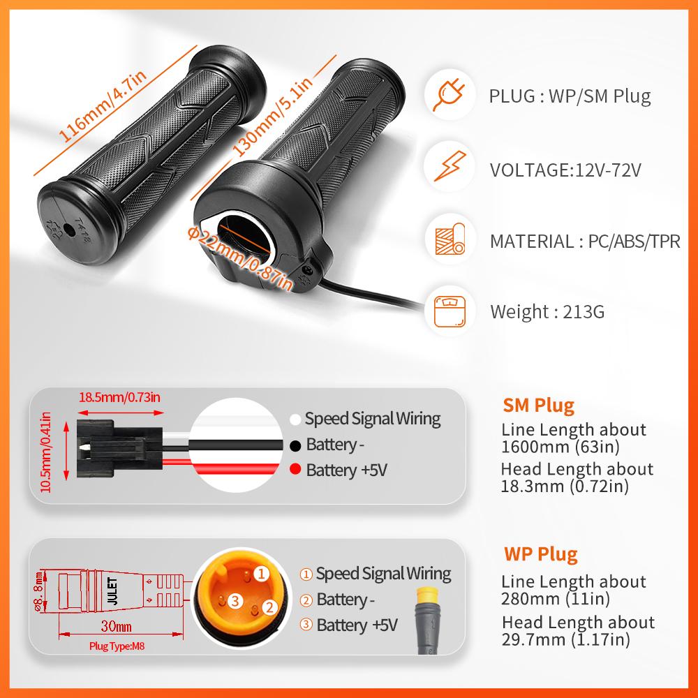 WUXING 192X  Full Twist Throttle Electric Bicycle Right Handle Throttle Waterproof/SM Connector for E Bikes or Electric Scooter