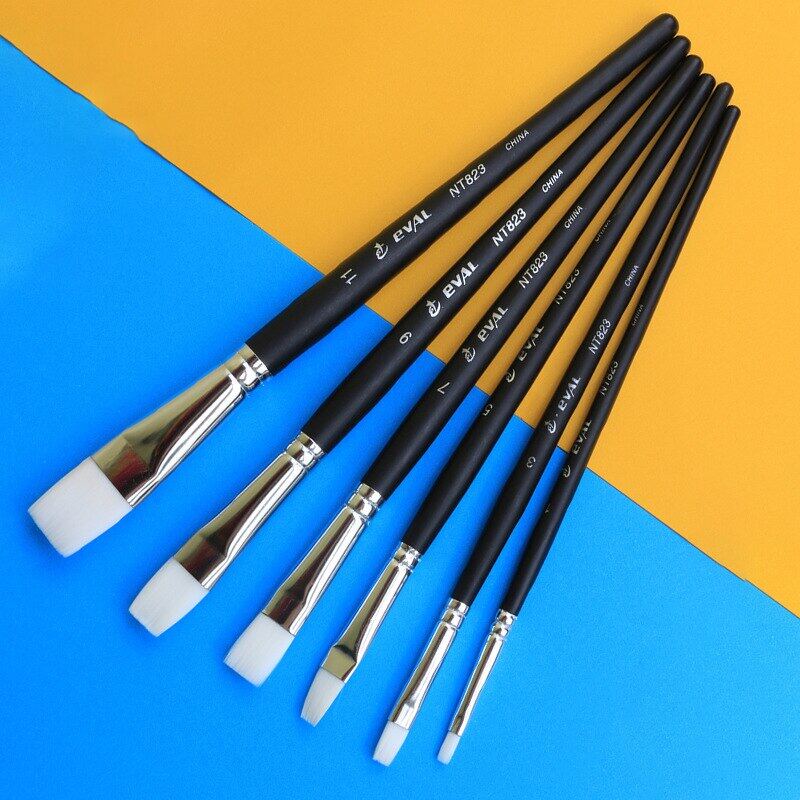 JOWOART Black Short Rod White Nylon Hair Flat Head 6 Pcs Paint Brush Gouache Watercolor Acrylic Oil Painting Set Art Tools Supplies