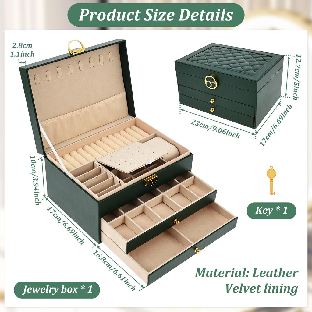3 Layer Jewelry Box PU Leather Jewelry Organizer Storage Box with Key Tabletop Display Case for Women Earring Necklace Bracelet
