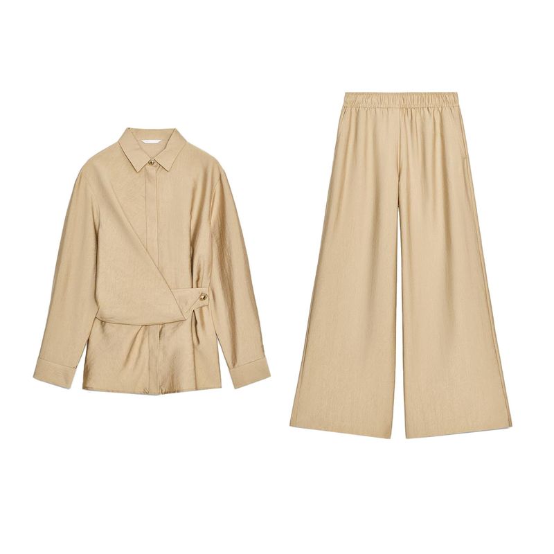 Long Sleeves Gold Button Decoration Double Breasted Shirt 7484053 High Waist Elastic Waist Wide Leg Pants 7484251