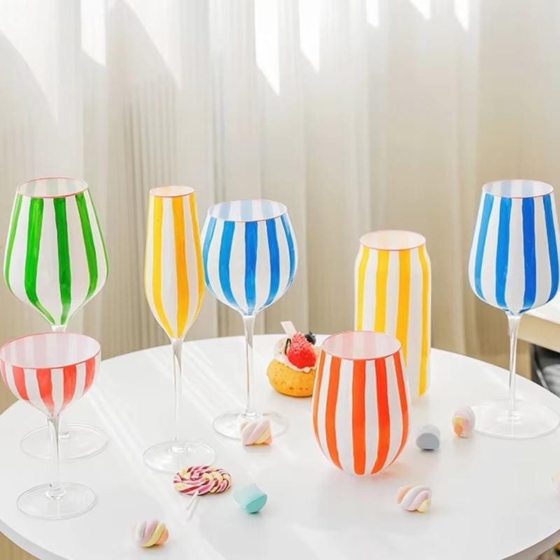 Hand Painted Colorful Striped Cocktail Goblet Water Cup Creative Red Wine Glass Set Party Wedding Barware