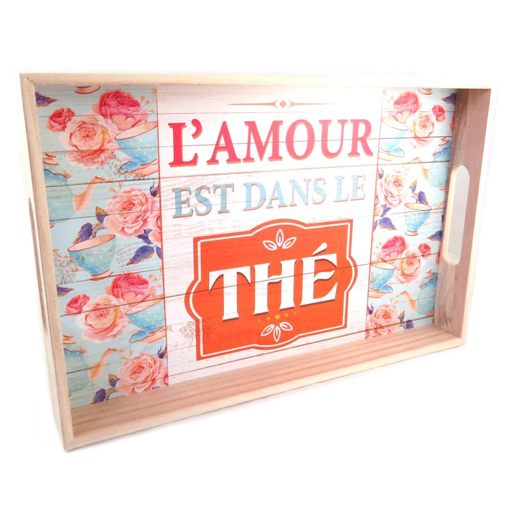 Les Trésors De Lily [Q0682] - Wooden Tray 'Love Is In Tea' Pink Blue Beige - 35x23x4. 5