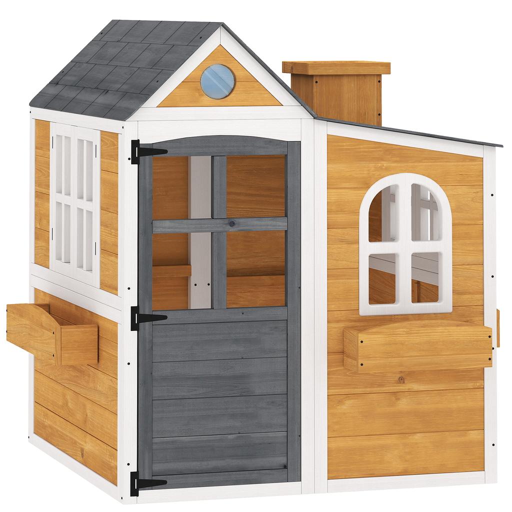 Outdoor Wooden Playhouse for Children, Door, Windows, 3 Flower Boxes, Yellow