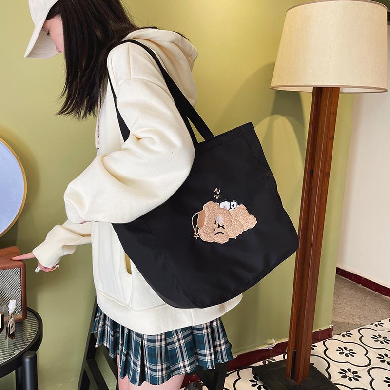 Women Canvas Tote Purse Lamb Like Fabric Shoulder Bag Bear Embroider Crossbody Handbag Casual Shopper Bag Cute For Girl