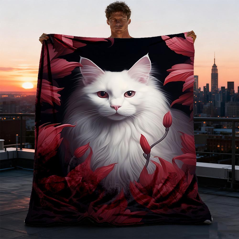 1pc Cat Flowers Outdoor Blanket - Soft Flannel Cozy for Travel & Camping - All-Season Warm Bed Cover, Machine Washable yy251229066