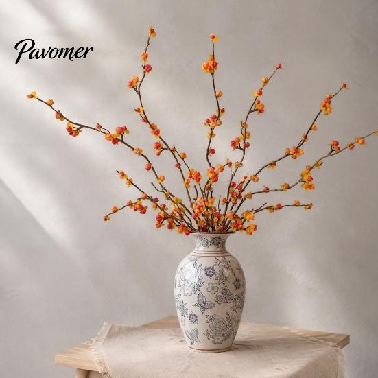 Flexible Faux Berry Stems Long Artificial Bittersweet Branches, Fall for Vase, Plants Fake Orange Berries Vase Branches Thanksgiving Table