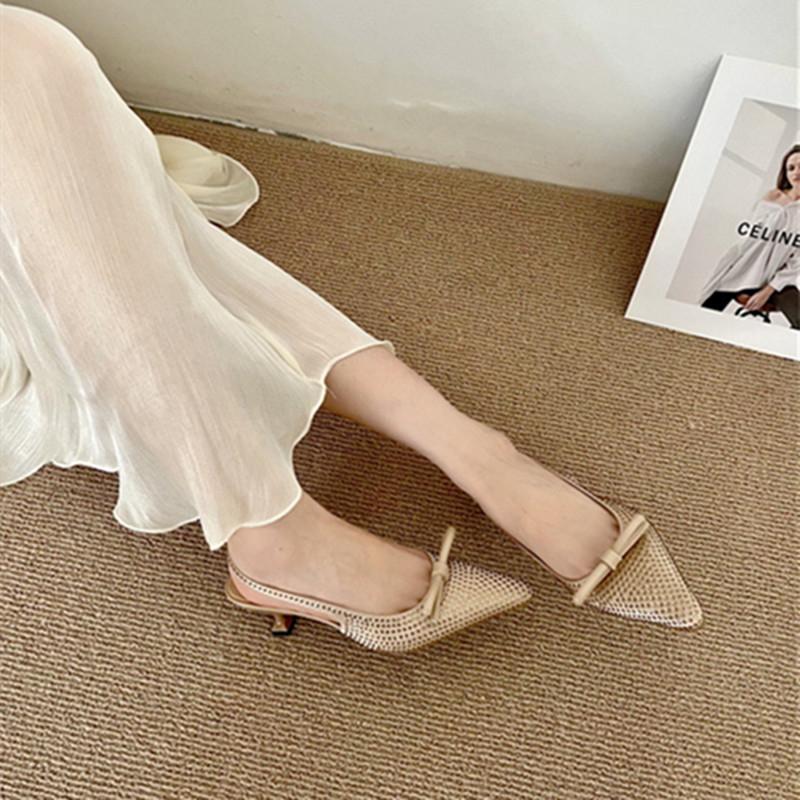 Fashion Sexy Pointed Toe Bow Back Strap Pumps Women Luxury Bling Rhinestone Branded Designer Shoes Elegant Banquet Wedding Bridal Shoes