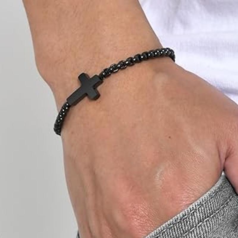 Handcrafted Woven Cord Bracelet with Crucifix Charm Adjustable for Men Stylish Gift Black Minimalist Fashion Bangle