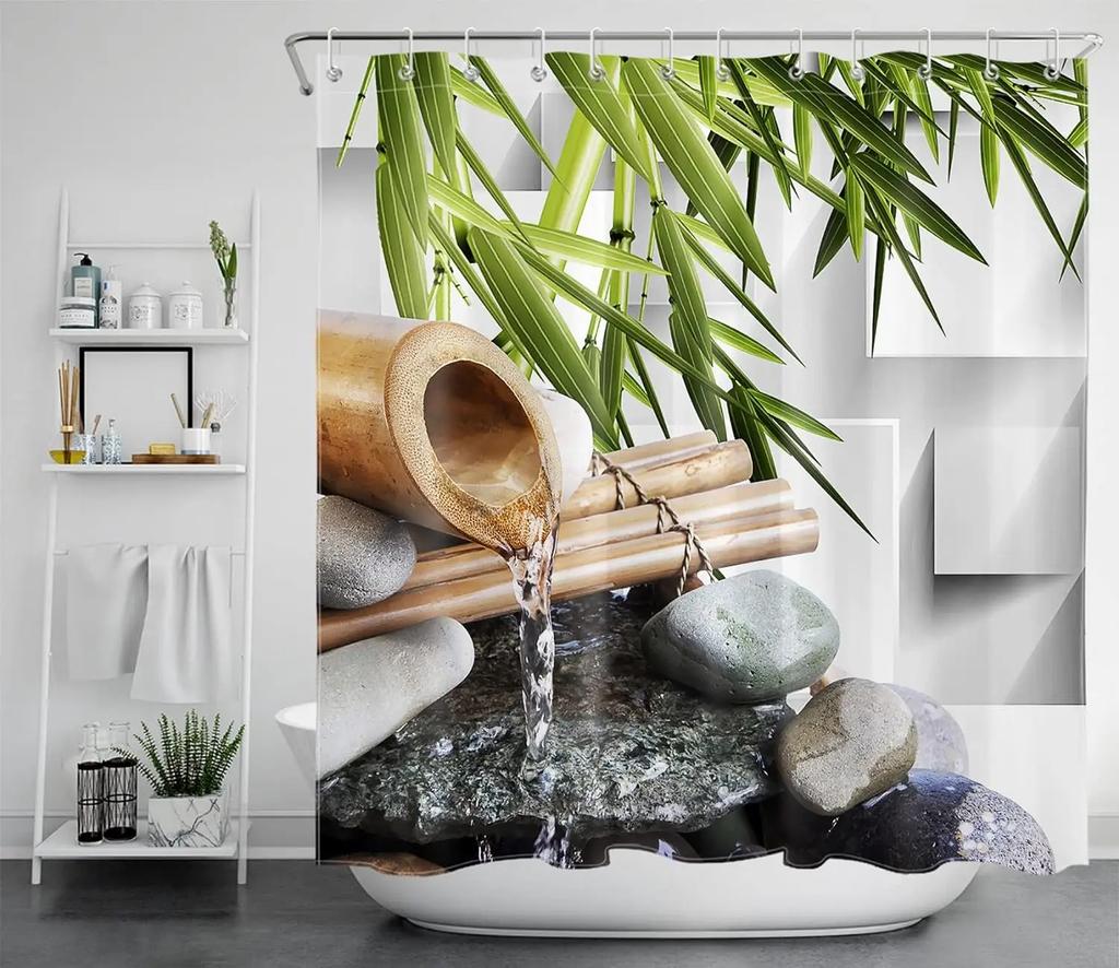 Unframed Bamboo Zen Shower Curtain Green Nature Forest Stone Spa Candle Summer Tropical Bamboo Forest Orchid Bathroom Decor With