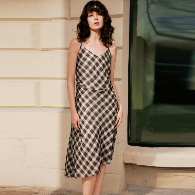 ELLE Modern Design V-Neck Fashion Simple Sling Dress Women dresses Plaid EL51084