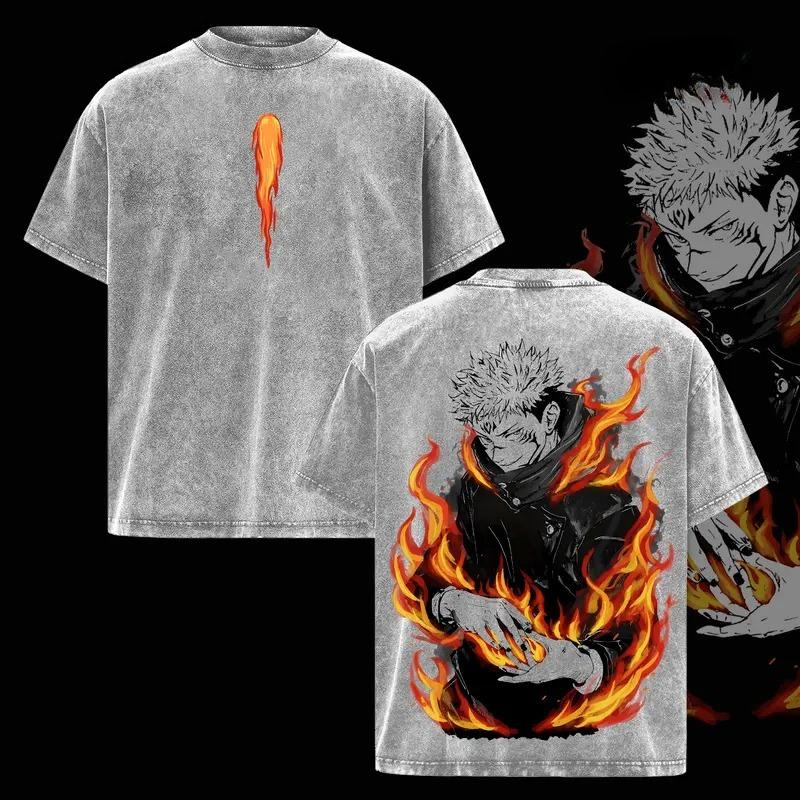 Ryomen Sukuna Print T-shirt Anime Jujutsu Kaisen Clothing Men Women Casual Tshirts Retro Washed T Shirt Harajuku Male Cotton Top XXL серый 1490₽