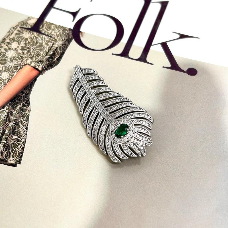 Manufacturer S Supply Spring Retro Exquisite Feather Styling Brooch Slightly Inlaid With Zircon Exaggerated Earrings In Stock