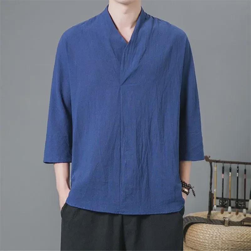 

Мужская футболка с коротким рукавом из льна и хлопка - Летний модный дизайн L темно-синий