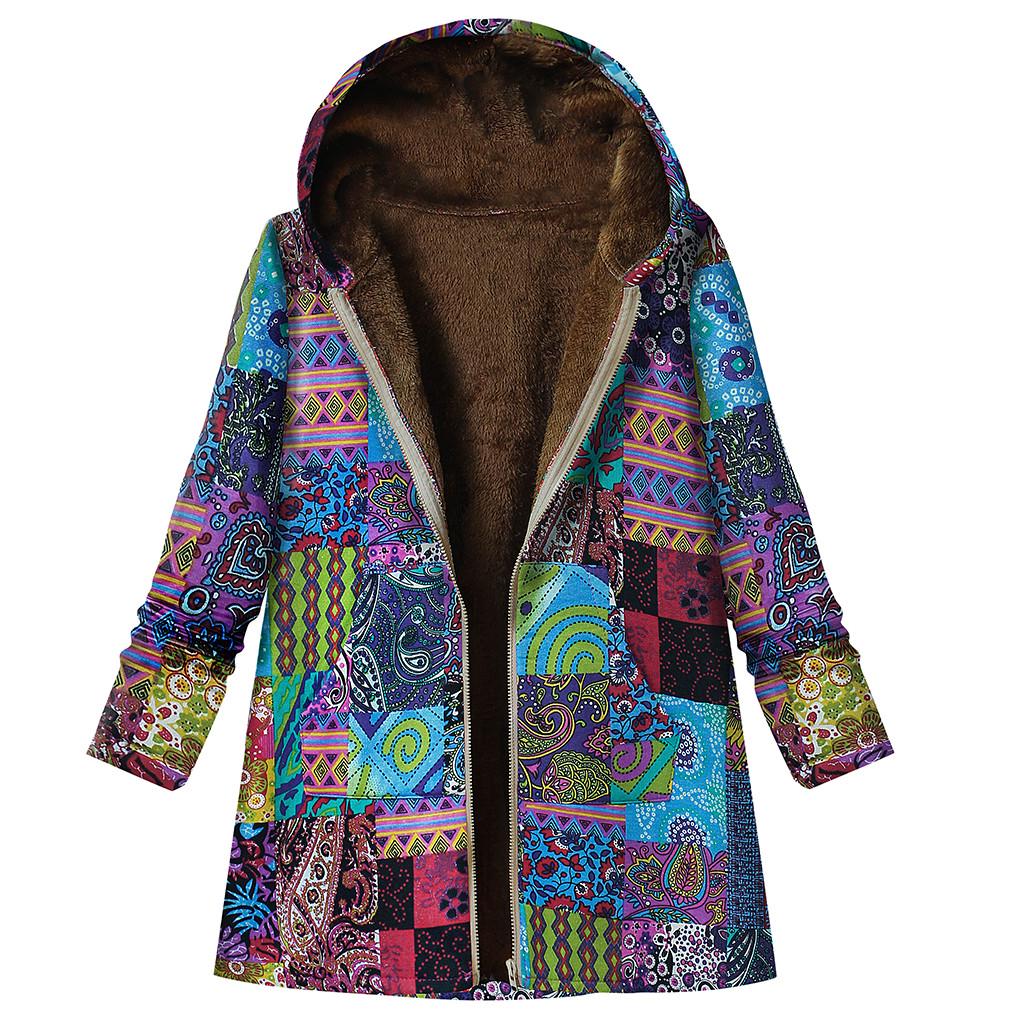 Damen Winter Vintage Warm Bedruckte Taschen Dicker Reißverschluss Kapuzenmantel Oberbekleidung