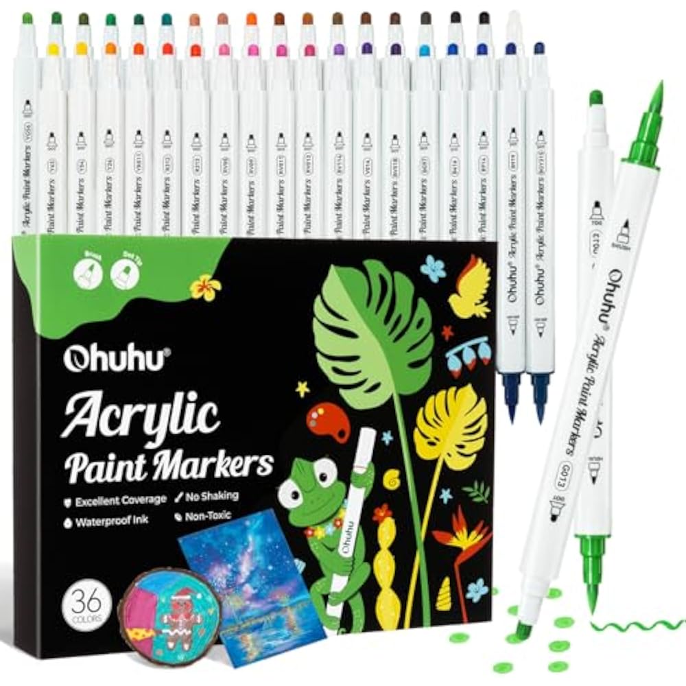 Ohuhu Acrylic Paint Markers, Brush Types, Dots, 36 Color Set, Acrylic Pens, Padded, Opaque, Water...