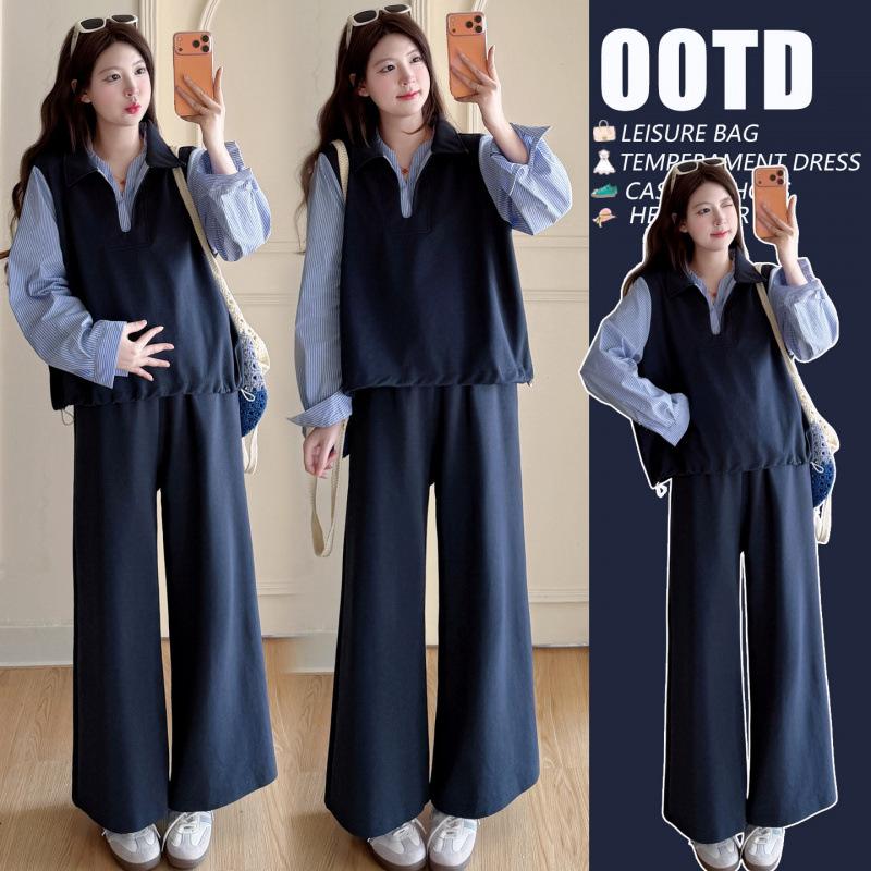 

Korean Style Maternity Patchwork Hoodie and Wide-Leg Pants Set 2XL