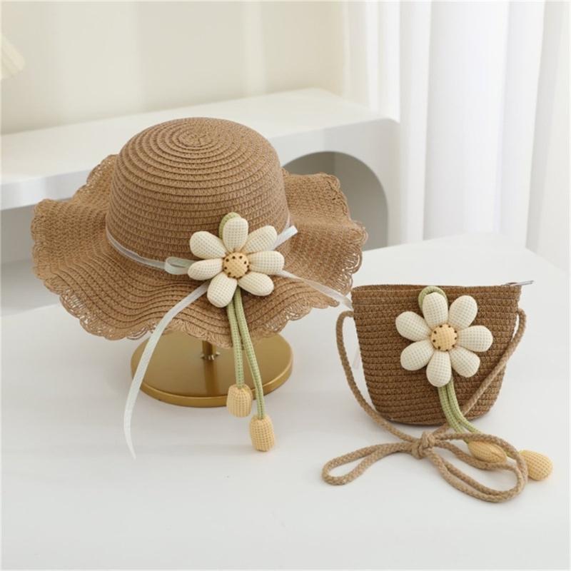 2Pieces Kids Summer Sun Hat And Bag Set Breathable Straw Braided Design For Beach Outdoor Activities