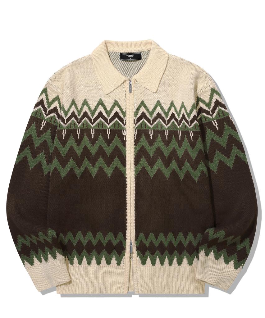 TRILLION Washable Nordic Jacquard Collar Neck 2-Way Zip-Up Knit [Beige]