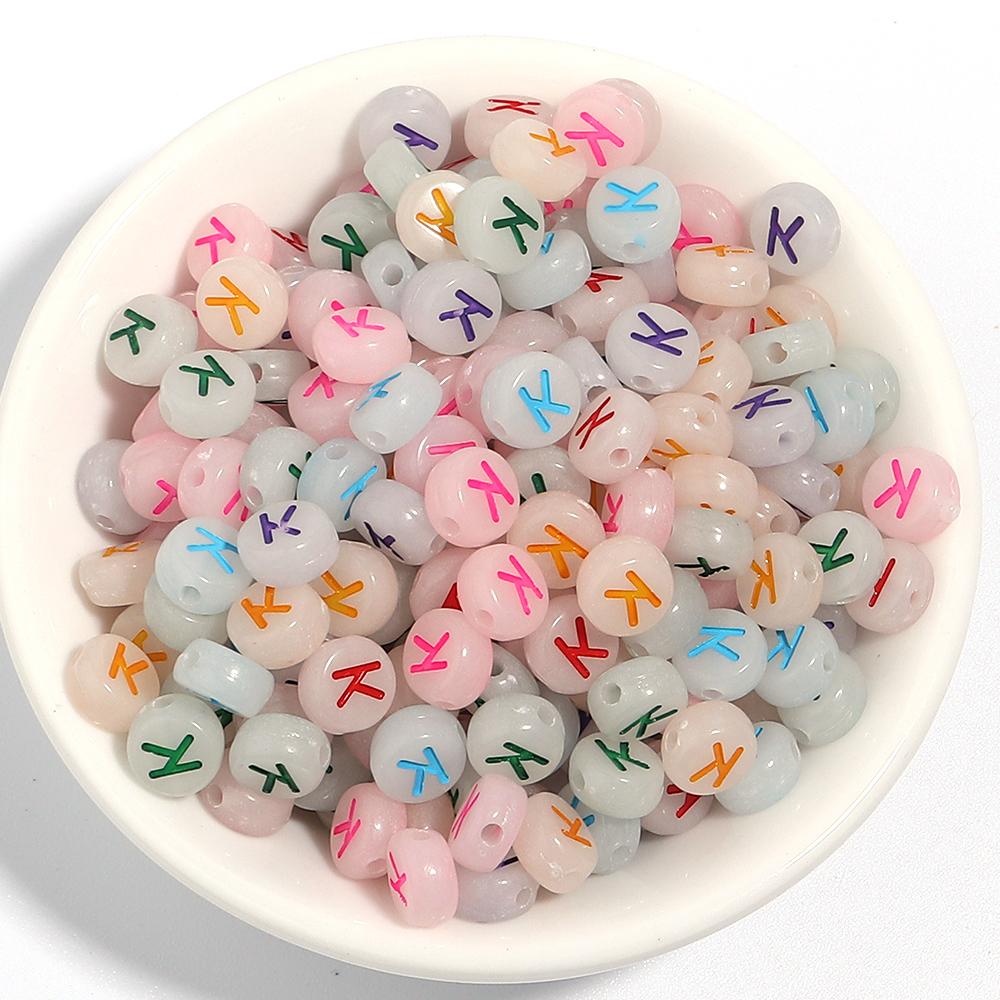 100Pcs/Lot 7mm Acrylic Luminous Beads Translucent Colorful Letter A-Z Flat Round Beads Diy Fashion Bracelet Necklace  Jewelry