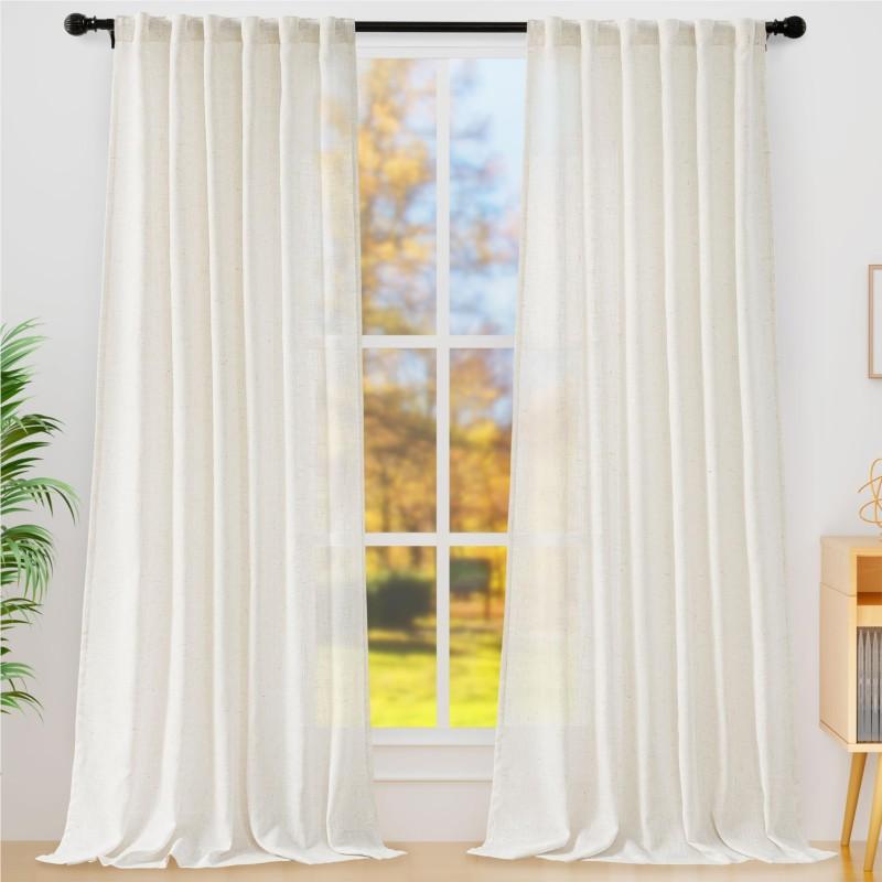 Homaxy Linen Semi Sheer Curtain 2 Panels Light Filtering Drapes with Rod Pocket Back Tab for Living Room Bedroom Farmhouse Decor