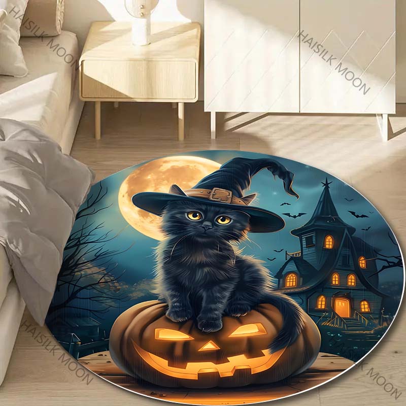 1PC Pumpkin Head Bat Castle Halloween Round Carpet for Kids Living Room Rugs Picnic Mats Flannel Anti-Slip Rug Luxury Gift